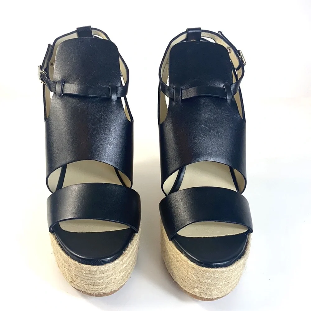 Ouigal Anthropologie Leather Woven Straw Platform Wedge Sandals